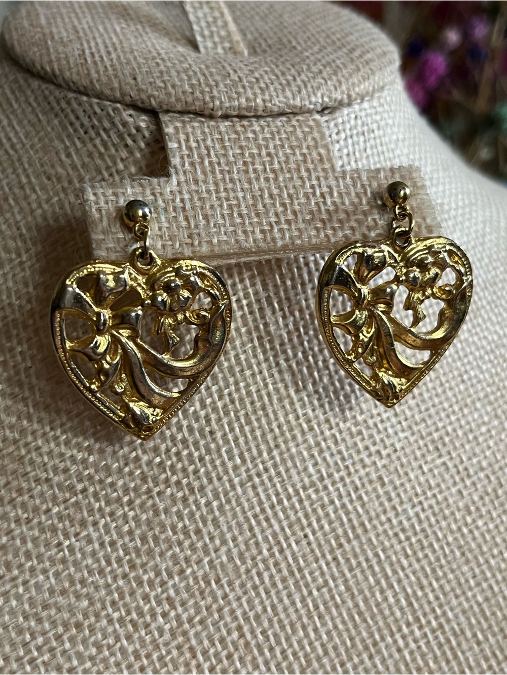 Gold Heart Filigree Drop Earrings - Feminine Floral Design